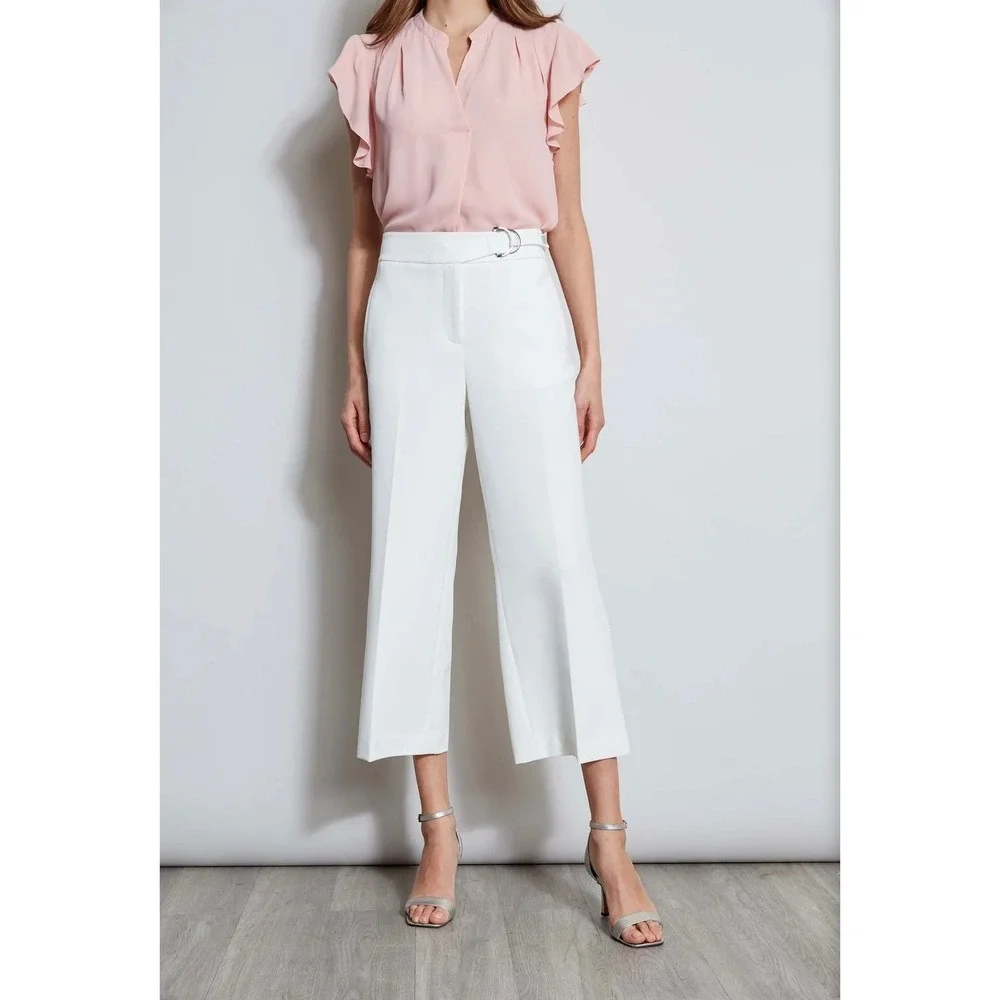 Elie Tahari T Tahari White‎ Crepe Wide Leg Cropped Pants D-Ring Belt Size 8 NEW